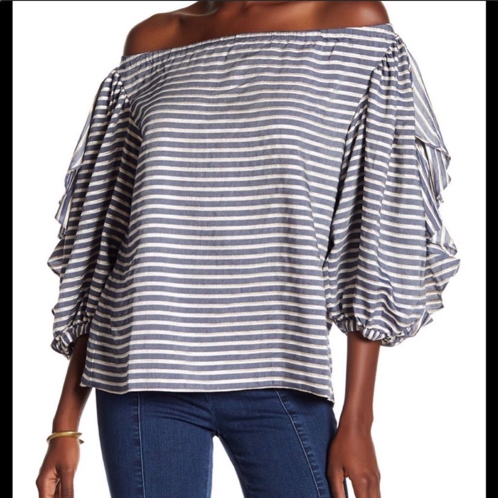 Rachel Roy | Off the shoulder Blue, white, and  gold ruffled balloon sleeves.